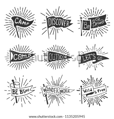 Set of adventure, outdoors, camping pennants. Retro monochrome labels with light rays. Hand drawn wanderlust style. Pennant travel flags design Foto d'archivio © 