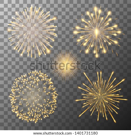 Set of five vector fireworks bursting in various shapes. Firework explosion in night. Firecracker rockets bursting in big sparkling star balls