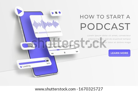 White realistic 3d smartphone. Webinar, online training, radio show or audio blog podcast concept. Mobile app infographic template with buttons and ui sliders. Interface for audio control illustratio
