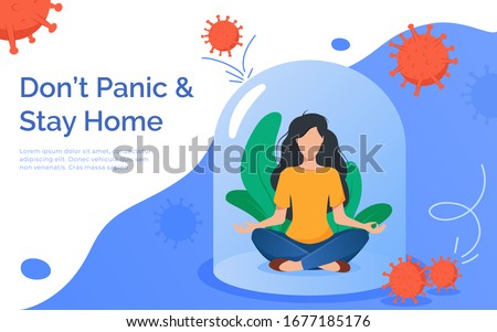 Coronavirus outbreak vector concept. A girl sits in a meditation pose under a glass cap. Covid-19 virus in air. Staying home with self quarantine. Protect from viruses