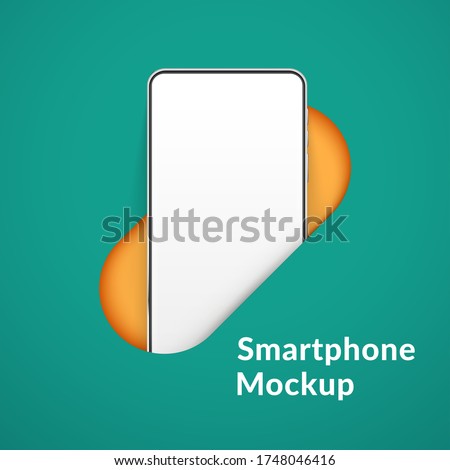 White realistic smartphone mockup in the hole. 3d vector mobile phone with blank white screen. Modern cell phone template on green background. Illustration of device 3d screen