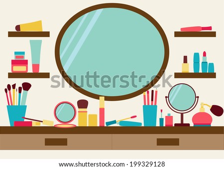 Mirror, shelves and dressing table with make up scattered around. Vector illustration