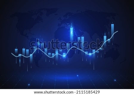 Glowing vector chart of investment financial data. Graph stock market with rising candlesticks. Infographic elements and world map. Analysis indicators, statistics diagram, business charts