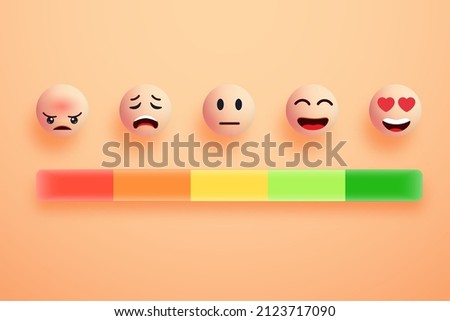 Feedback emotion scale. Rating satisfaction in form of various emoticons. Customers service quality review by rating level. Measuring review opinions great, good, normal, bad, very bad