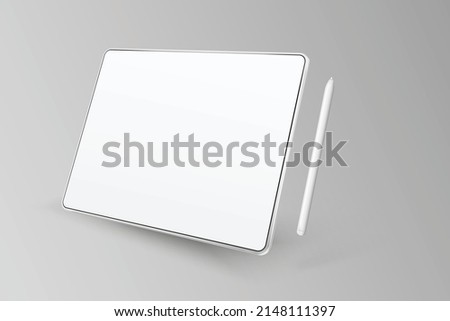 Empty tablet and pen on a light background, rotated position. Device in perspective view. Tablet mockup from different angles. Illustration of device 3d screen