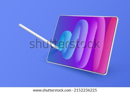 Tablet, pen and multicolored background. Device in perspective view. Pen drawing abstract shape on tablet. Illustration of device 3d screen