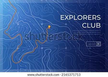 Topographic contour map with marker. Map pattern with mountain texture and grid. Route map. Travel in the mountains