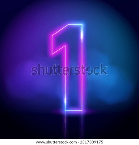 Purple vector neon tube number one with fog on dark background. Neon color glowing number