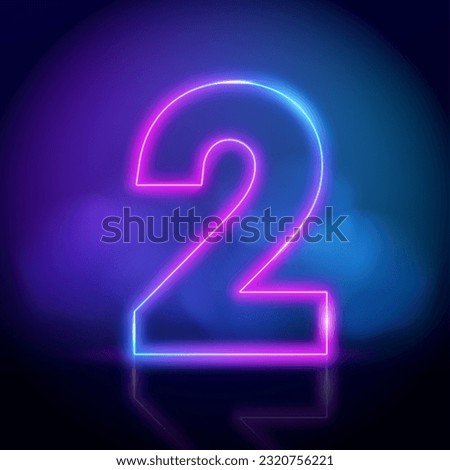 Purple vector neon tube number two with fog on dark background. Neon color glowing number