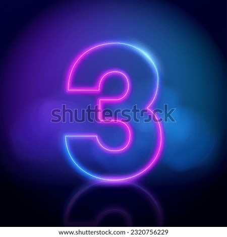 Purple vector neon tube number three with fog on dark background. Neon color glowing number