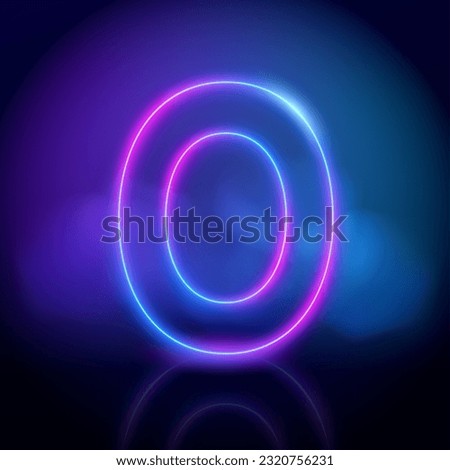 Purple vector neon tube number zero with fog on dark background. Neon color glowing number