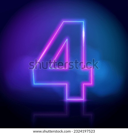 Purple vector neon tube number four with fog on dark background. Neon color glowing number