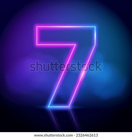 Purple vector neon tube number seven with fog on dark background. Neon color glowing number