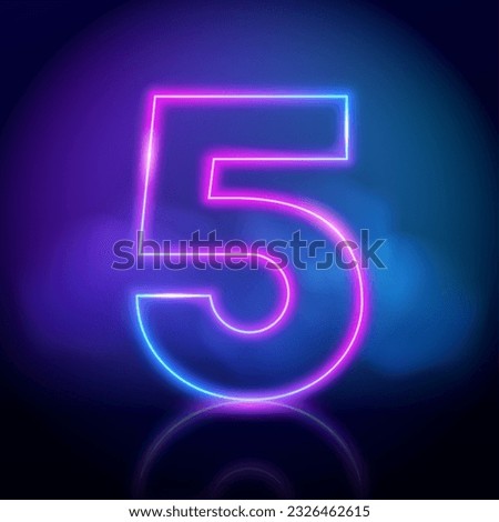 Purple vector neon tube number five with fog on dark background. Neon color glowing number