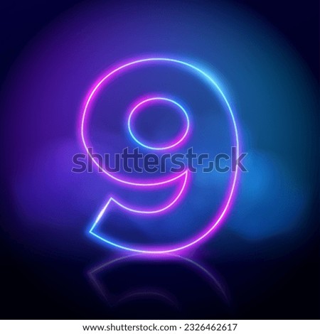 Purple vector neon tube number nine with fog on dark background. Neon color glowing number