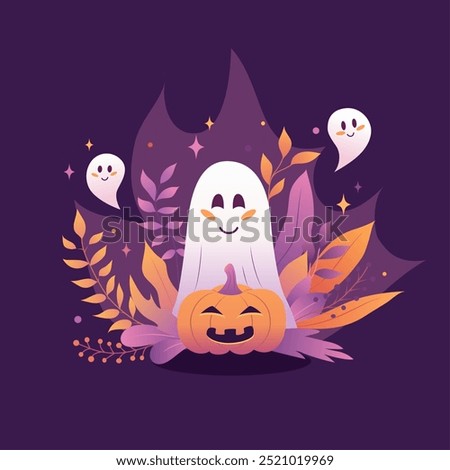 Happy ghost, Halloween pumpkin and autumn leaves in a spooky setting