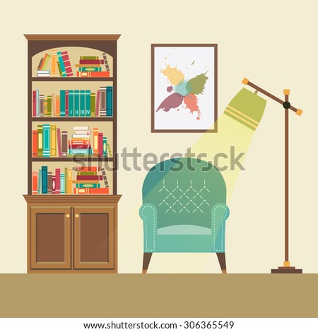 Reading nook in living space with blue armchair, floor lamp and abstract picture. Vector illustration