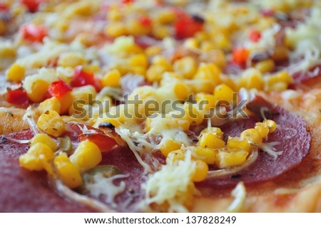 Detail view of delicious pizza with corn and salami