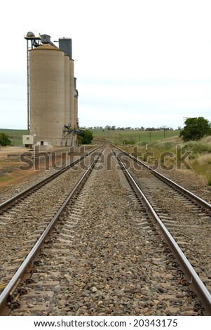 Grain silos adjacent to railway lines, in South-Western New South Wales, Australia
