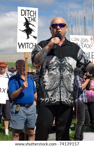 CANBERRA, AUSTRALIA - MARCH 23 : Australian rock singer, Angry Anderson, compere of the \'No Carbon Tax\' rally, which was held in front of Parliament House on March 23, 2011, Canberra, Australia.