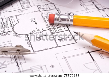 engineering and architecture drawings with pencil