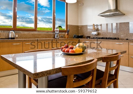 Interior design series: classic and modern kitchen with landscape view