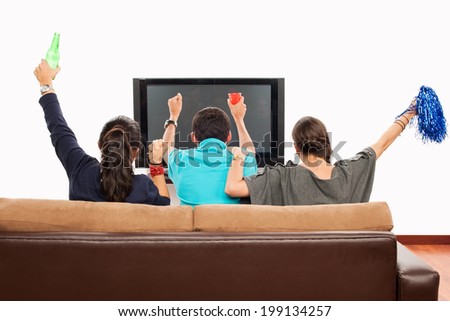 Group of friends watching Sports on TV: blank space on TV