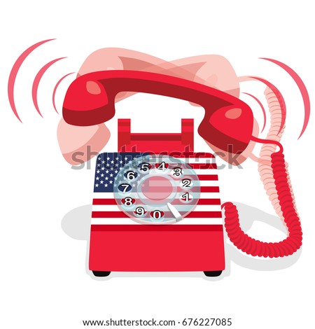 Ringing red stationary phone with rotary dial and flag of USA. Vector illustration.