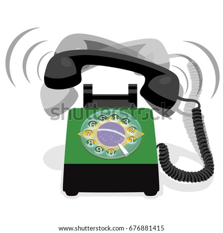 Ringing black stationary phone with rotary dial and flag of Brazil. Vector illustration.