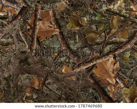 Realistic forest camouflage. Seamless pattern. Conifer and oak branches and leaves. Useable for hunting and military purposes.                                                  