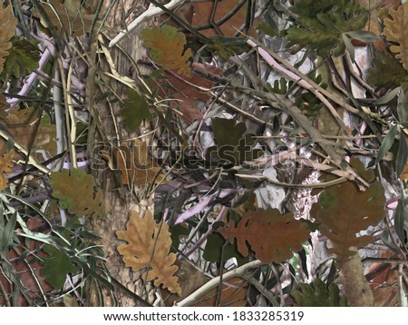 Realistic forest camouflage. pattern. Tree, branches, green and brown oak leaves. Useable for hunting and military purposes.                          