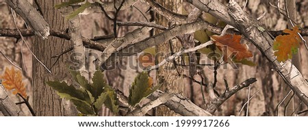 Realistic forest camouflage.Seamless pattern. Trees, branches, green and brown oak leaves. Useable for hunting and military purposes.