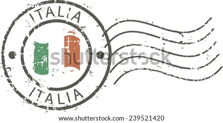 Postal grunge stamp 'Italy'. Italian flag in the middle.