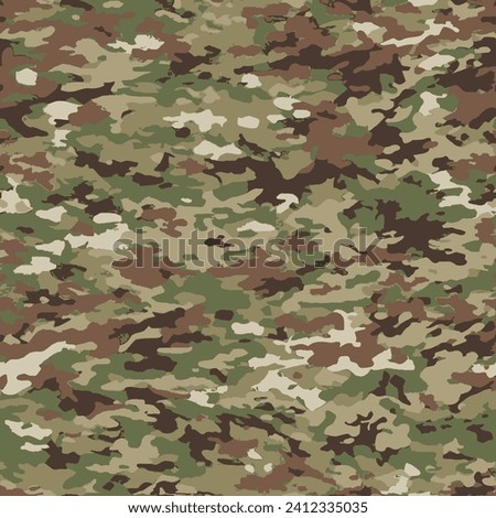 Multi-terrain camouflage seamless pattern incorporating various tiny natural shapes of dark brown, light brown, olive green, light green, khaki and white.