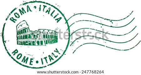 Postal grunge stamp 'Rome-Italy' with the colosseum. Italian and english inscription