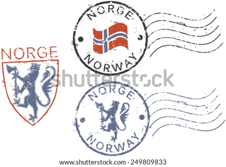 Three postal grunge stamps 'Norway'. English and norwegian inscription.