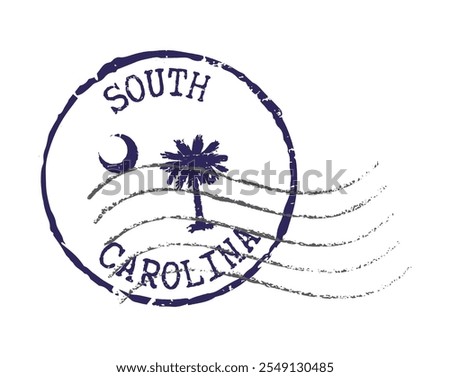 A postal rubber stamp SOUTH CAROLINA with the state symbols in the middle. Retro seal for letter envelopes, greeting cards, passport, parcels.