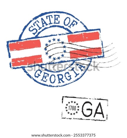 Postal rubber stamps STATE OF GEORGIA and GA zip code abbreviation, along with the state symbol. Retro seals for letter envelopes, greeting cards, passports, parcels.