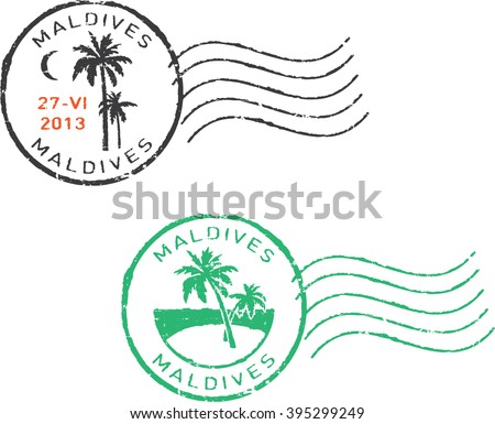 Two postal grunge stamps ''Maldives''. White background.