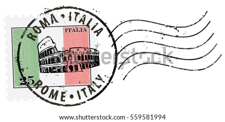  Postal stamp symbols 'Rome-Italy' with the Colosseum. Italian flag (engraved, woodcut effect).