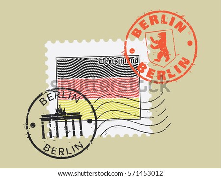 Postal stamp symbols 'Berlin-Germany'. German flag (engraved, woodcut effect).
