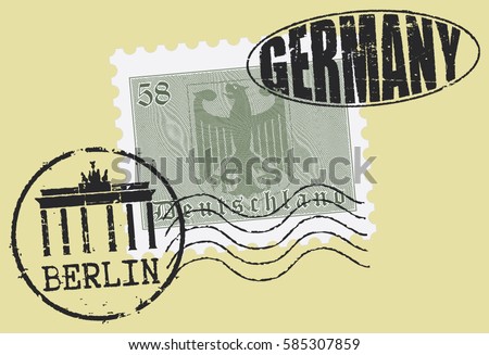 Postal stamp symbols 'Berlin-Germany'. German coat of arms (engraved, woodcut effect).