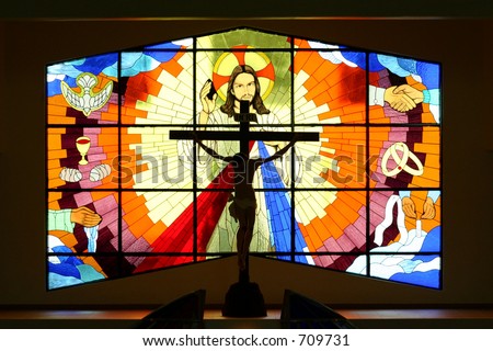 Stained glass window in a new catholic church