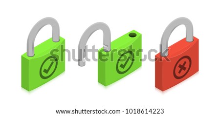 Closed and open locks with check and cross symbols. Isometric vector illustration