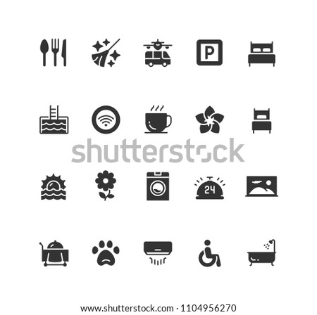 Hotel facilities and services vector icon set in glyph style
