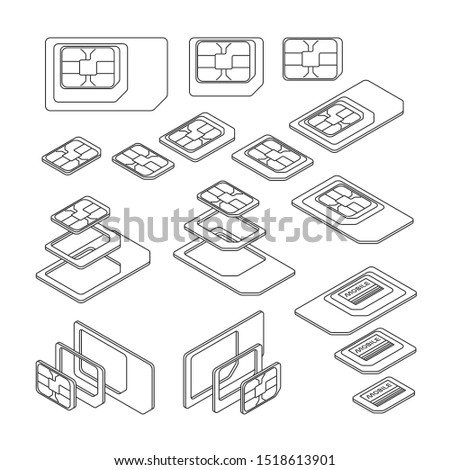 Three Types of SIM Card - Standard, Micro and Nano. Top and Isometric Views. Vector Illustration in Outline Style