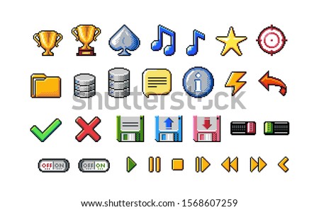 Pixel Art Style Icons Collection on White Background