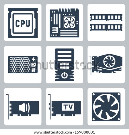 Vector hardware icons set: CPU, motherboard, RAM, power unit, computer case, video card, sound card, TV-tuner, cooler