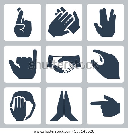 Vector hands icons set: cross fingers, applause, vulcan salute, shaka, handshake, size, facepalm, namaste, pointer