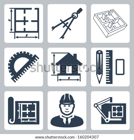 Vector building design icons set: layout, pair of compasses, protractor, pencil, ruler, eraser, blueprint, designer, drawing board